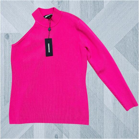 Chaouiche Top Women's Large Pink One Sleeve Ponte Ribbed Knit Mock Neck Shirt - Picture 3 of 5